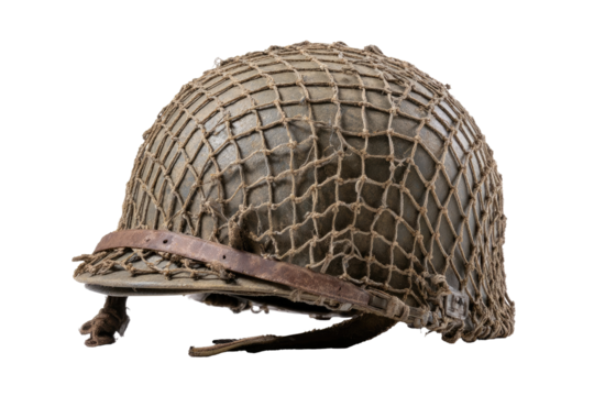 WWII military helmet,  tan net, leather strap