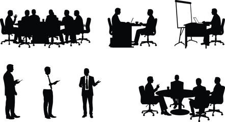 Business meeting silhouettes, team discussion scene, corporate collaboration, office conversation, professional men talking, boardroom brainstorming, management teamwork, business communication