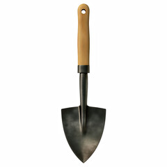 Realistic small garden shovel with wooden handle and black metal blade, front view, isolated on transparent background.