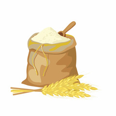 A burlap sack filled with flour and a wooden scoop next to wheat stalks