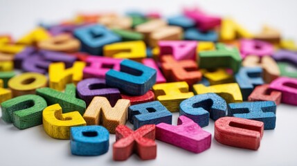 A vibrant, close-up shot of jumble of colorful wooden alphabet letters on white background. This image is perfect for themes of childhood learning, early education, spelling, creativity, development