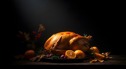 A perfectly roasted turkey, garnished with rosemary and fruits, dramatically lit on a dark background.