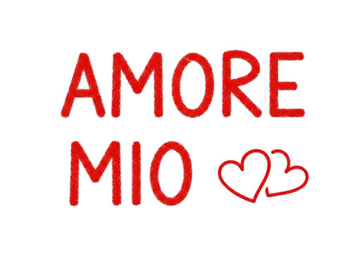 Illustration of italian phrase amore mio meaning my love with two red hearts, expressing deep affection and romance, isolated on transparent background