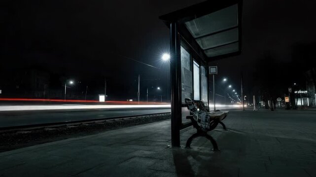 Empty bus stop at night with light trails from passing vehicles