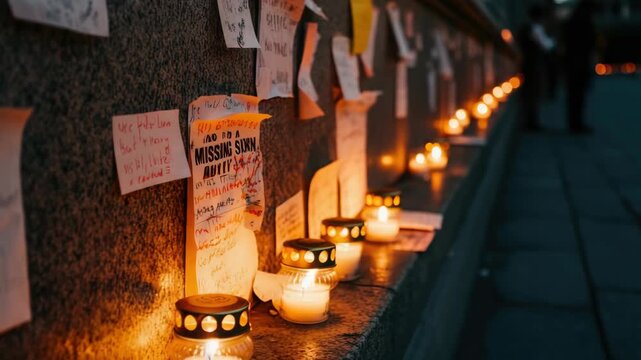 Candlelit vigil with handwritten notes on wall, evening setting - Powered by Adobe