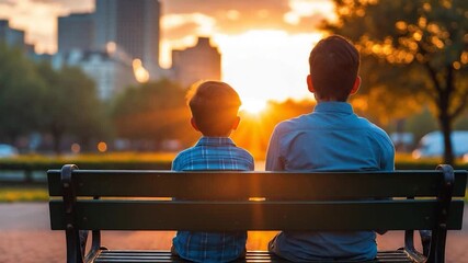 Father and Son Watching Sunset in Park, Contemplative Moment.