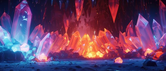 Vibrant Crystal Cave with Glowing Illuminations and Reflective Surfaces