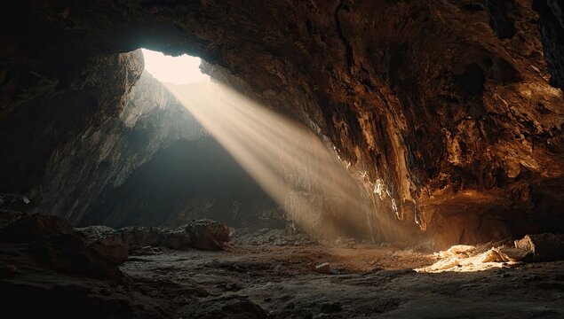 Sunlight streams into a dark cave