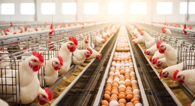 Chickens in cages on a modern poultry farm with rows of fresh eggs, brightly lit by sunlight.