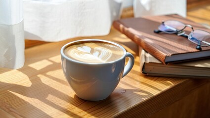 Cozy morning coffee with a book and glasses on a wooden table