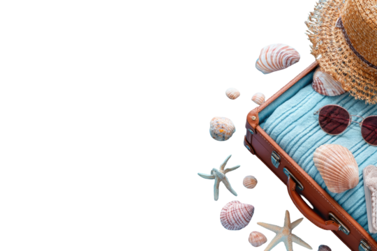 Open vintage suitcase filled with summer vacation essentials.  Seashells, starfish, straw hat, sunglasses, and a light blue cloth are strewn around the suitcase on a black background