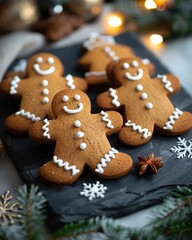 Fototapeta premium Festive Gingerbread Cookies on a Slate Plate with Holiday Decor