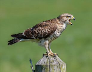 Fototapeta premium Brown hawk with white underbelly and yellow eyes perches on wooden fence post. Wings slightly spread, elevated position for observation. Green field blurred background for avian spectacle.