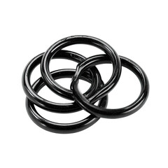 Close-up view of several glossy black rings, intricately intertwined