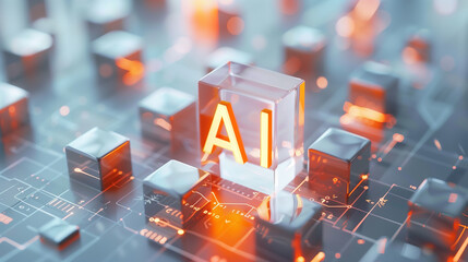 AI Technology Concept with Futuristic Circuitry and Illuminated Block