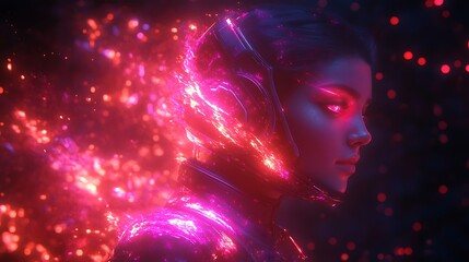 A futuristic female figure enveloped in vibrant energy.