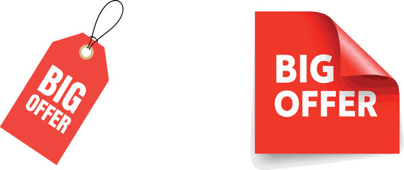 Set of red "Big Offer" promotional tags and stickers for retail sales and advertising.