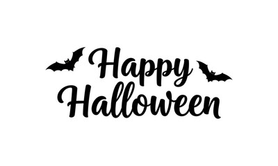 Happy halloween text surrounded by flying bat silhouettes on a white background. Perfect for halloween party invitations, social media posts, or greeting cards.