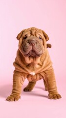 Obraz premium Adorable Shar Pei Puppy Portrait on Pink Background, Generated image