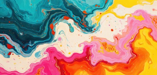 Vibrant abstract painting in pink, blue, yellow colors. Lively contrast, dynamic movement, joyful energy. Central pink circle surrounded by blue, yellow areas, drawing attention. Diagonal perspective