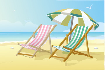 Two striped deck chairs and a beach umbrella on a sandy shore with the ocean