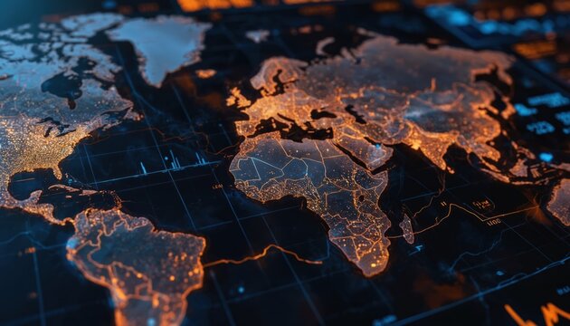 Global economic trends map in black, white with orange gradient. Slightly tilted continents on old, vintage map with frayed border. Oceans remain in traditional form. Surrounding area blurred to - Powered by Adobe