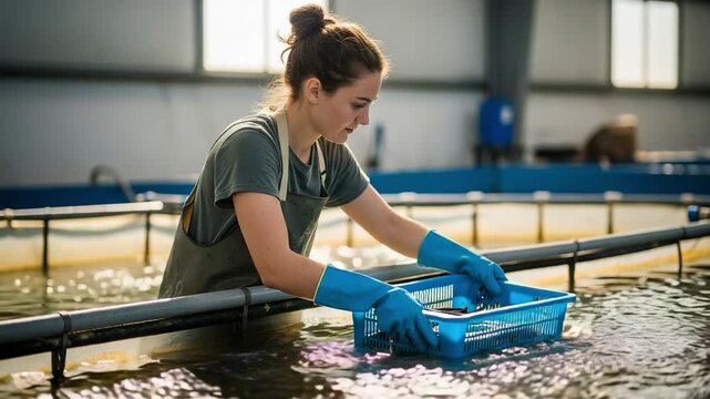Young female worker harvesting fish at an indoor aquaculture farm. Woman in gloves lifting a basket of eels from a water tank.