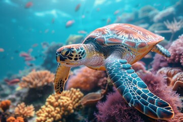 Fototapeta premium Colorful Sea Turtle Swimming Through Vibrant Coral Reef Ecosystem