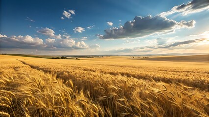 Golden Wheat Field Under a Bright Blue Sky with Scattered Clouds at Sunset, a Scenic Countryside.