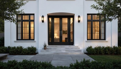 Modern house design with flat roof, white walls. Black arched windows with frames. Open door to interior on right. Brown door on left with staircase in foreground. Green shrubbery bushes on both