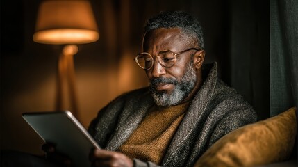 Older black man reading on a tablet in a warmly lit room. Show tech use, relaxation, or the modern senior demographic.