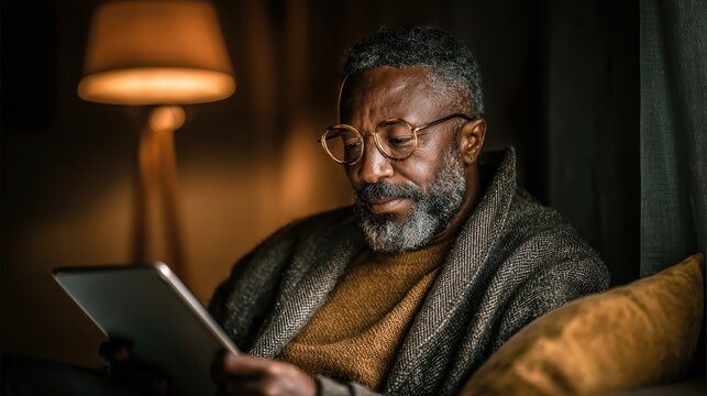 Older black man reading on a tablet in a warmly lit room. Show tech use, relaxation, or the modern senior demographic.