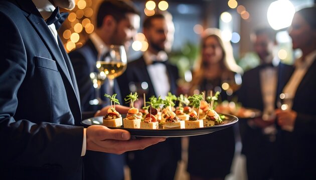 A waiter serving appetizers at a party - Powered by Adobe