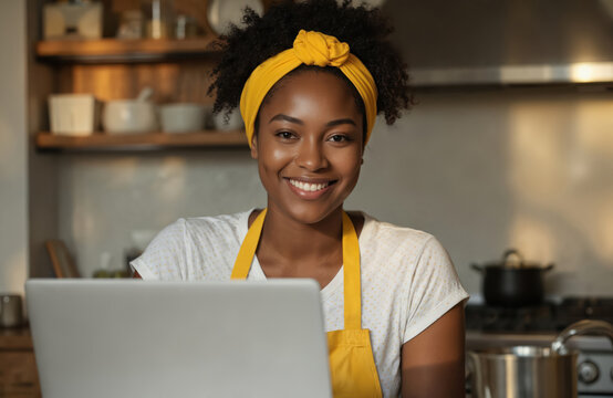Young black woman with curly hair, smiling, using laptop in kitchen. Yellow apron, cooking utensils, ingredients on counter. Focuses on screen, possibly preparing meal working on business project.
