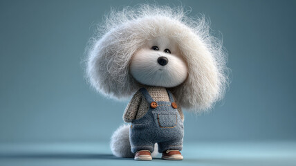 Adorable fluffy cartoon puppy in overalls with big eyes and a playful expression on a blue background. Perfect for children, toys, and cute character concepts.