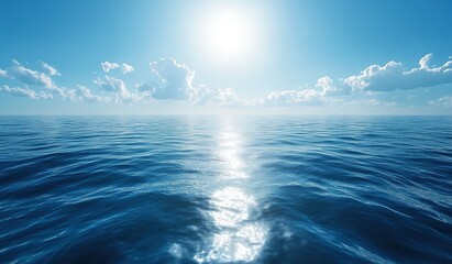 Fototapeta premium Endless horizon of calm blue ocean under clear sunlit sky with gentle ripples, sparkling sea floor and drifting clouds, embodying serene harmony of nature
