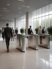 Business People Entering Through Security Turnstile