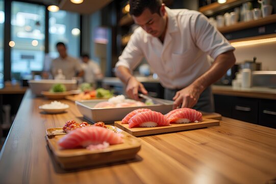 A young chef preparing sushi