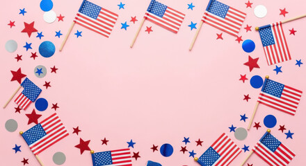 Fototapeta premium Festive frame of american flags confetti stars and blue balls on a soft pink background