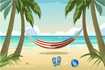 Relaxing tropical beach scene with palm trees hammock flip flops and beach ball