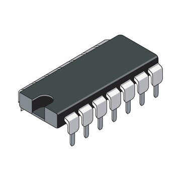 Isometric analog IC chip vector, DIP component with metallic pins. Perfect for electronics, engineering diagrams, circuit designs, hardware illustrations, or tech visuals.
