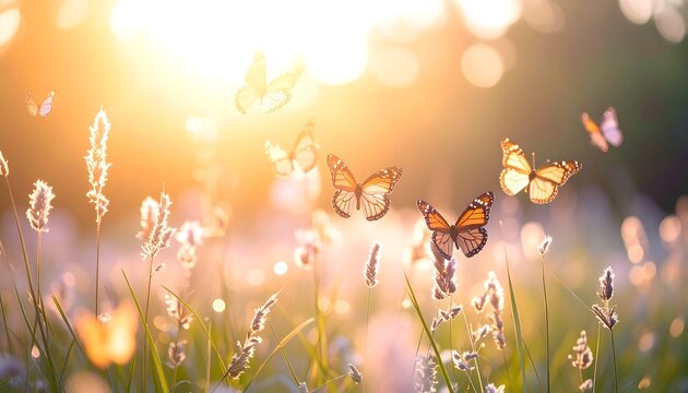 Butterflies Flying Over Meadow at Sunset with Golden Light - Powered by Adobe