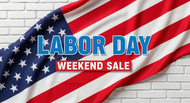 American flag waving with labor day weekend sale text overlay on white brick background