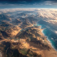 High-altitude view of mountain ranges and valleys