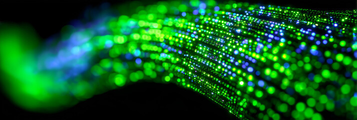 Abstract fiber optic cables with a vibrant green and blue glow, suggesting data transmission and technological advancement