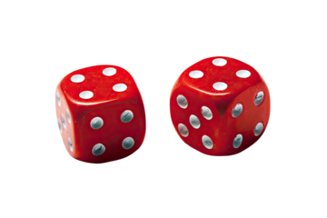 Two red dice, side-by-side, against a black background.  The dice are a glossy, smooth finish, with white pips, showing a random number on each die