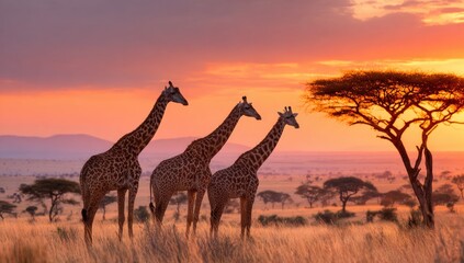 Obraz premium Three giraffes at sunrise in African savanna