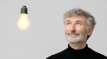 Thoughtful man gazing at a glowing light bulb idea with a smile in a simple studio setting