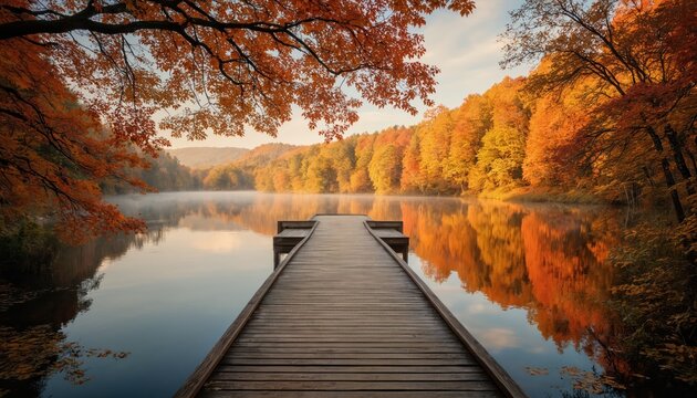Serene autumn lake scene with wooden pier extending into calm water. Dark brown railing leads to water speckled with floating leaves. Vibrant fall foliage in shades of red, orange fills background.
