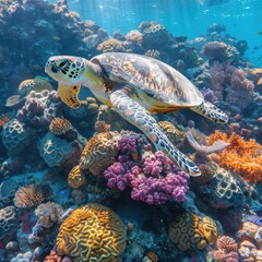 Marine turtle swimming gracefully over coral reef in vibrant ocean